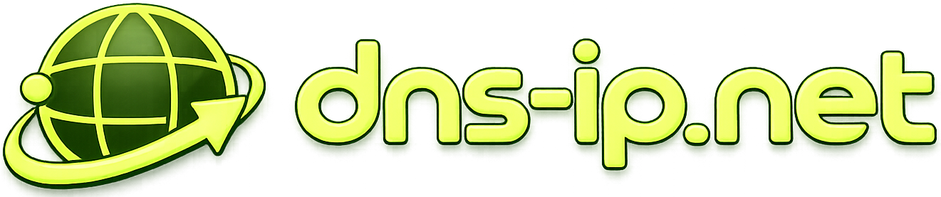 Logo mit Schriftzug dns-ip.net, links daneben eine stillistischte Weltkugel